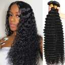 Deep Wave Human Hair Bundles Deep Wave Bundle 26 inch Double Weft 3 Bundles for Women Natural Black Color