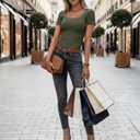 Women Short Sleeve Tops Ribbed Knit Slim Fit U Neck Top Basic Tee Shirts for Summer Casual Trendy Blouse (Green, M)