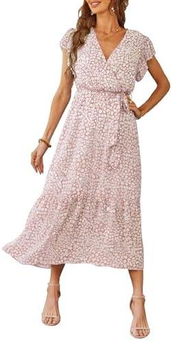 PRETTYGARDEN Women's Summer Floral Boho Maxi Dress Short Sleeve Wrap V Neck Ruffle Long Flowy Beach Wedding Guest Dresses, Pink, Large