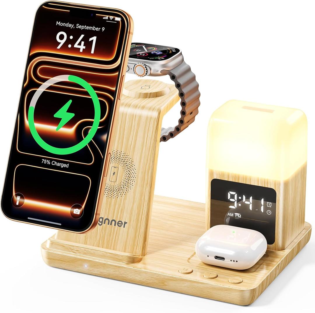 6 in 1 Wireless Charging Station with Clock & Night LightAlarm Clocks for Bedrooms,Wireless Charger Stand with Beside Clock for iPhone 17/16/15/14/13/12 Pro Max, Apple Watch,Airpods (Wood)