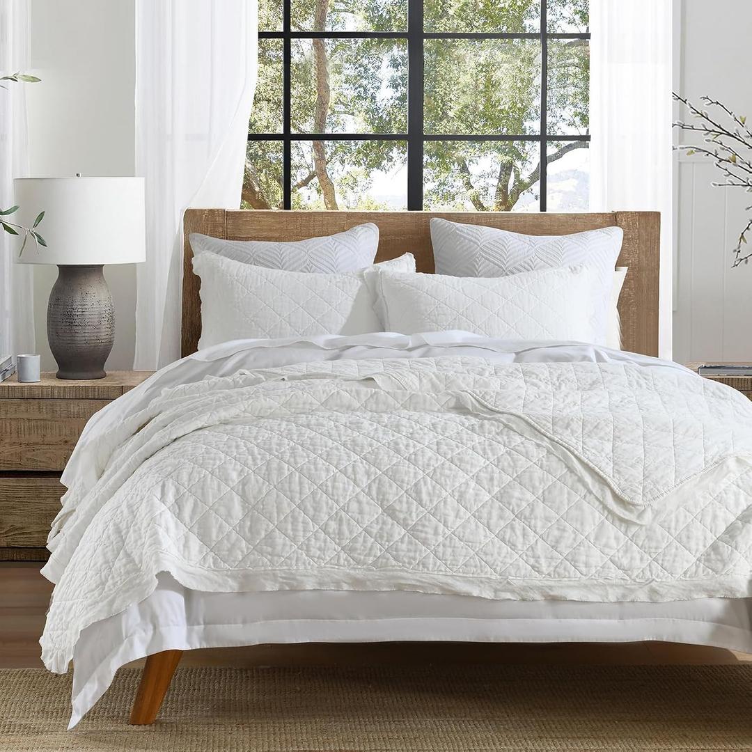 HORIMOTE HOME 100% Linen Front/100% Cotton Back Quilt Set King Size, White Pre-Washed European Flax Linen Quilt, Diamond Stitch Bedspread Coverlet Bedding Set 3-Piece for All Seasons