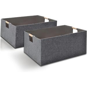 Storage Baskets Collapsible , Storage Bins with wood Handles, Robust Closet Storage Bins for Clothes Baskets Storage Organization for Books, Laundry, Home and Toy Organization(Grey 2 Pack)