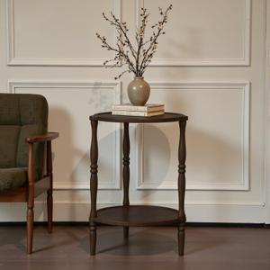 Accent Wood End Table, 2-Tier Round Bedside Table, Natural Side Table Nightstand for Family, Bedroom, Living Room, Handcrafted Finish, Walnut (16.5 inch)