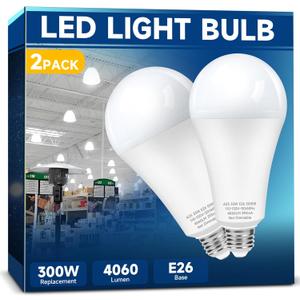 300W Equivalent LED Light Bulb, Super Bright 4060 Lumen, 5000k Cool Daylight White, A23 E26 Medium Base, 33 Watt LED Bulb, No-dim, for Garage Warehouse Workshop Backyard Patio Supermarket, 2-Pack