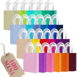 Qiqee 100Pcs Paper Gift Bags with Handles - 4.5"2.5"6" Mini Party Favor Bags - 24 Solid Colors