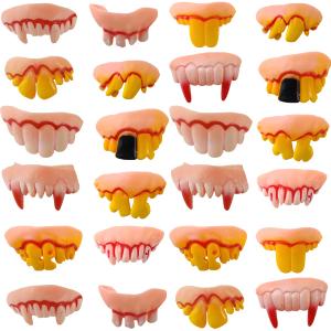 TIHOOD 24PCS Gnarly Teeth Gag Teeth Ugly Fake Teeth Vampire Denture Teeth for Halloween Costume Party Favors Photos Props