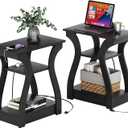 End Tables Living Room Set of 2 with Charging Station, Black