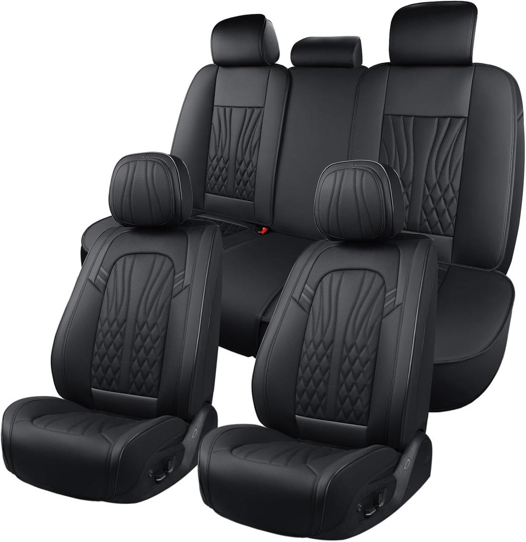 Leather Seat Covers, Car Seat Protector Waterproof, Seat Covers Full Set, Car Seat Protectors 5 Seats, Automotive Seat Covers Fit for Most Cars Black