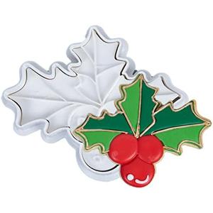 Flycalf Christmas Cookie Cutters Holly Berries Shapes with Plunger Stamps Holiday PLA Baking Accessories Cutter Molds Gifts Decorative Party 3.5" Kitchen Cake Supplies