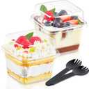 Kucoele 50 Pack 8 oz Plastic Dessert Cups with Lids and Sporks, Clear Square Cake Cups Dessert Containers for Pudding Parfait Fruit Yogurt and Shortcake