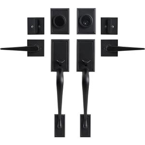 GUA OYH Double Front Door Handle Matte Black Double Door Lock Keyed Dummy Door Lock Set with Handle Lever for Front Door or Office Door (L361516-B-S118)