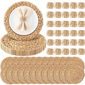 30 Pcs 12 Inch Round Woven Placemats, Water Hyacinth Wicker Place Mats with Napkin Rings Boho Wedding Farmhouse Rustic Woven Chargers Natural Mat Bulk for Wedding Party, Dinner Table