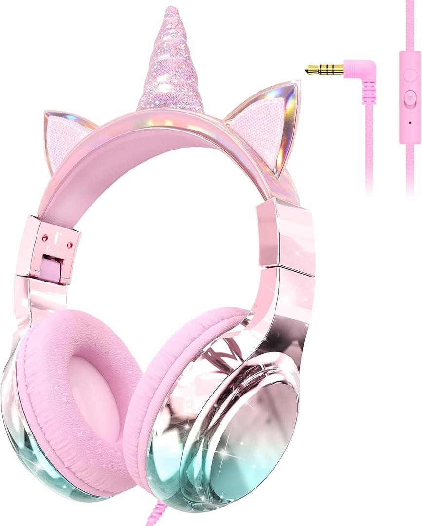 QearFun Kids Unicorn Headphones Wired with Mic, 85/94dB Safe Volume Limit, Sparkly Wired Headset, Foldable, Sharing Port & Tangle-Free Cord for School, Chromebook, Tablet, Travel, Boys & Girls