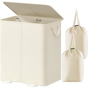 Lifewit Double Laundry Hamper with Lid and Removable Laundry Bags, Large Collapsible 2 Dividers Dirty Clothes Basket with Handles for Bedroom, Laundry Room, Closet, Bathroom, College, 155L Ivory White