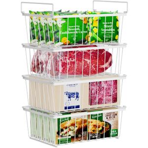 iSPECLE Freezer Organizer Bins - 4 Pack Stackable Chest Freezer Organizer for 5 Cu Ft Deep Freezer Sort Frozen Food, Deep Freezer Organizer Bins Easy to Get Food from Bottom without Digging, White