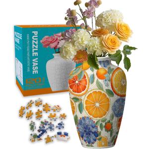 3D Puzzle Vase for Adults, House Warming Gift, Birthday Gifts for Flower Arrangements and Home Decor, 120 Curved Plastic Puzzle Pieces (Fruit and Slices 2)