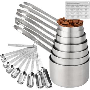 Measuring Cups and Spoons Set of 19, 7 Stainless Steel Stackable Measuring Cups, 9 Measuring Spoons, Metal Measuring Spoons and Cups for Dry or Wet Ingredients During Kitchen & Baking