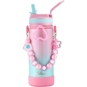 Mininoo Kids Water Bottle for School - 16 oz Stainless Steel Insulated Water Bottle with Ceramic-Lined, Leakproof Straw Lid & Beaded Handle for Girls & Boys