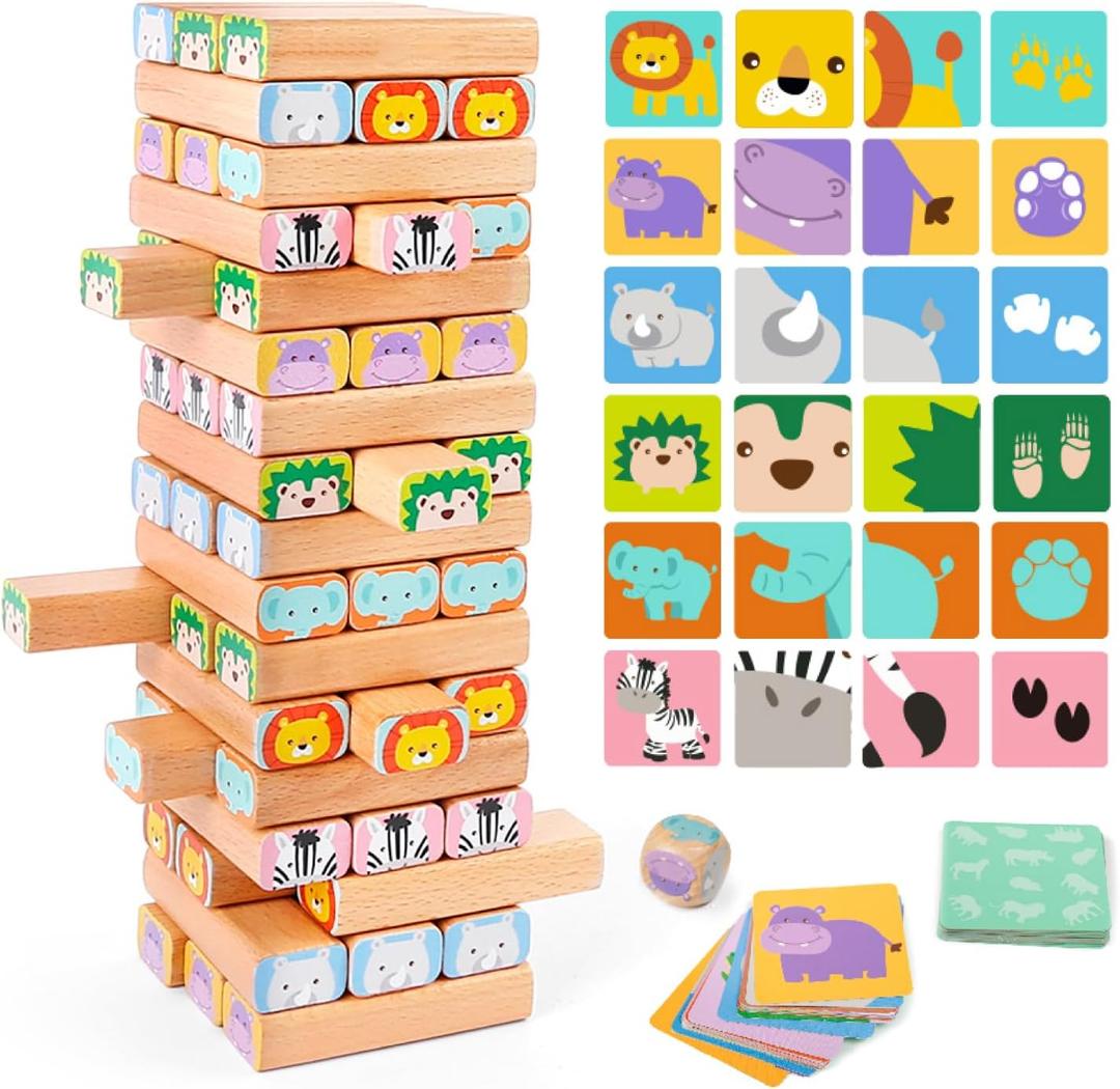 Nene Toys Wooden Block Stacking Game 4-in-1 Tumble Tower Family Board Game with Building Blocks, Cards and Dice African Safari Educational Wooden Toy for Kids 3-9 Years Old About Animals