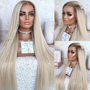 JPIKAQIU 24 Inch Platinum Blonde Hair Synthetic Lace Front Wigs Ash Blonde Ombre Colored Glueless HD Lace Wigs Pre Plucked Natural Hairline Long Straight Wigs for Black Women