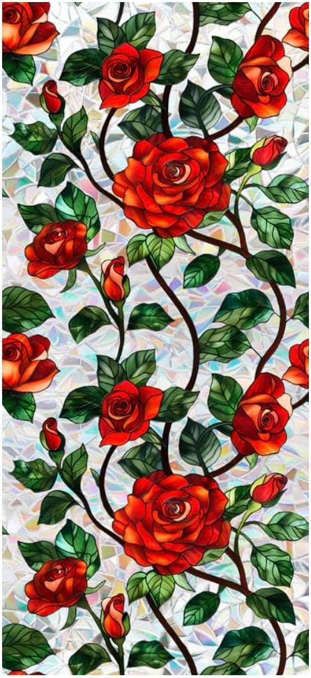 Retro Flower Window Privacy Film,Stained Glass Decals Chinese Red Rose Privacy Rainbow Decals Living Room Sun Blocking Decor Removable Static Cling Stickers,16.93x39.37inch