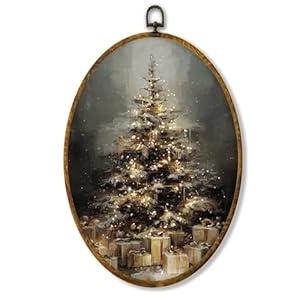 Hiuwevt Vintage Christmas Tree Oval Wall Art Decor, Rustic Christmas Framed Canvas Prints, Cozy Farmhouse Xmas Tree Oval Wall Hanging Decor for Home Bedroom Living Room Decorations, 8.6x11.4 Inches
