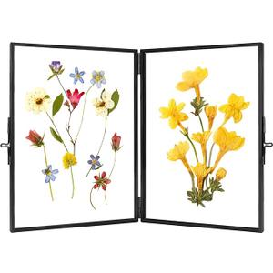 REDHUGO Glass Pressed Flower Frame Handmade, Hinged Double Press Flower Frame, Tabletop Brass Photo Frames, Rectangle Dried Flowers Display Folding Frames for Home, Black, 5×7 Inches