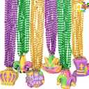 JOYIN 24 Pcs Mardi Gras Bead Necklaces with Pendant, 6 Designs Mardi Gras Necklaces, Gold Green Purple Beads Necklace Dress Up Costumes for Mardi Gras Party Decorations Supplies