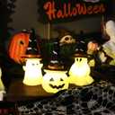 3 Pack Light Up Ghost Pumpkin Figurine Halloween Decorations, Spooky LED Lighted Ghost Statue with Witch Hats for Home Mantel Tabletop Party Holiday Decor