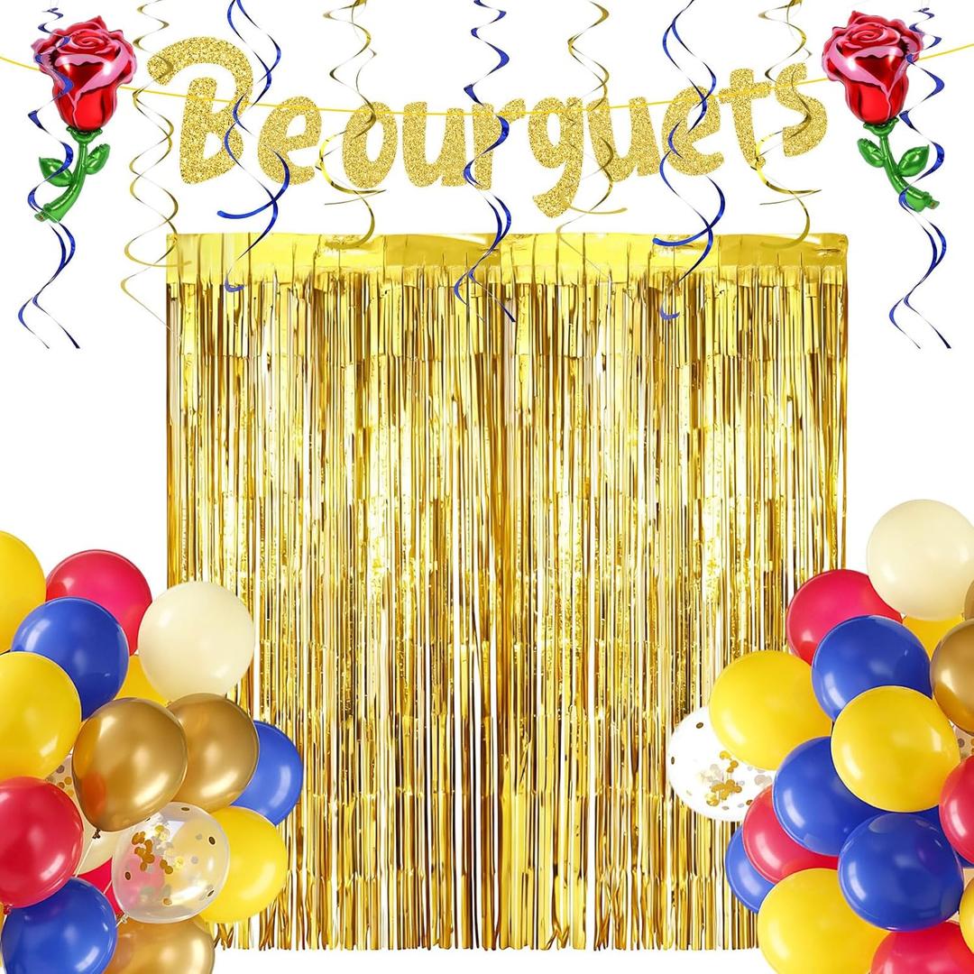 Soulchen 105 Pcs Beauty Birthday Party Decorations Gold Be Our Guest Banner Blue Yellow Rose Balloons Fringe Curtain Gold Princess Birthday Party Decoration for Bridal Wedding Engagement Decor