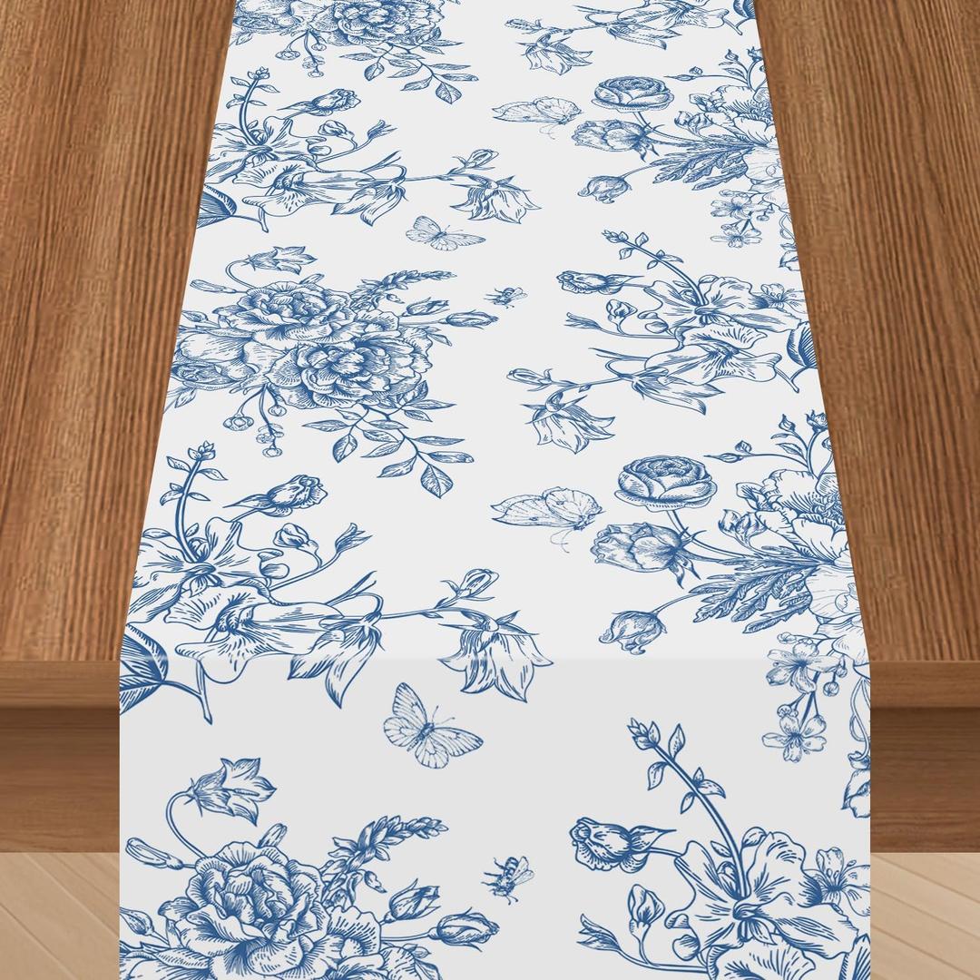 Blue Floral Table Runners 6-Pack  Plastic Disposable Spring Table Runner Chinoiserie Decor for Mother Women, Spring Summer Party, Home Party, Baby Shower, 108x14
