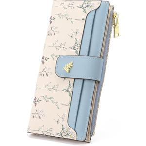 GAEKEAO Womens Wallet Slim Thin RFID Blocking Floral Vegan Leather Card Holder Bifold Long Ladies Wallet with Zipper Pocket (Blue)