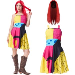 2PCS Adult Sally Costume Women Christmas Sally Dress Wig Sexy Patchwork Dress Halloween Cosplay Outfits (Large)