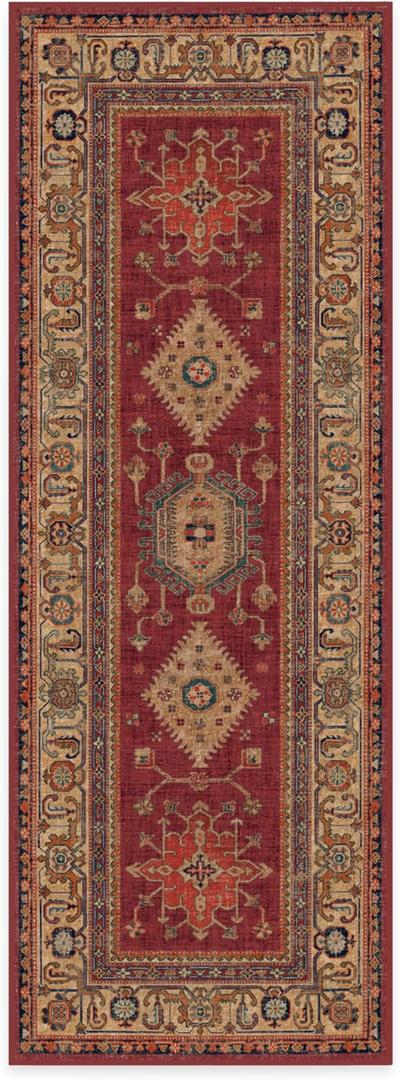 RUGGABLE Washable Vintage Runner Rug – Cambria Ruby 2.5x7, Stain-Resistant, Non-Slip Hallway Runner with Standard Pad – Machine Washable Rug for Hallway, Entryway, Living Room & Kitchen (7'x2'6")