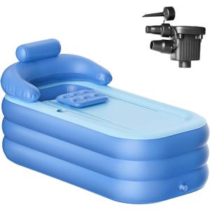 Inflatable Folding Bathtub for Adults, 63" Collapsible Ice Bath Tub for Athletes, Portable Foldable Hot Tub with Electric Air Pump, SPA Freestanding Soaking Barrel for Indoor or Outdoor (Blue)