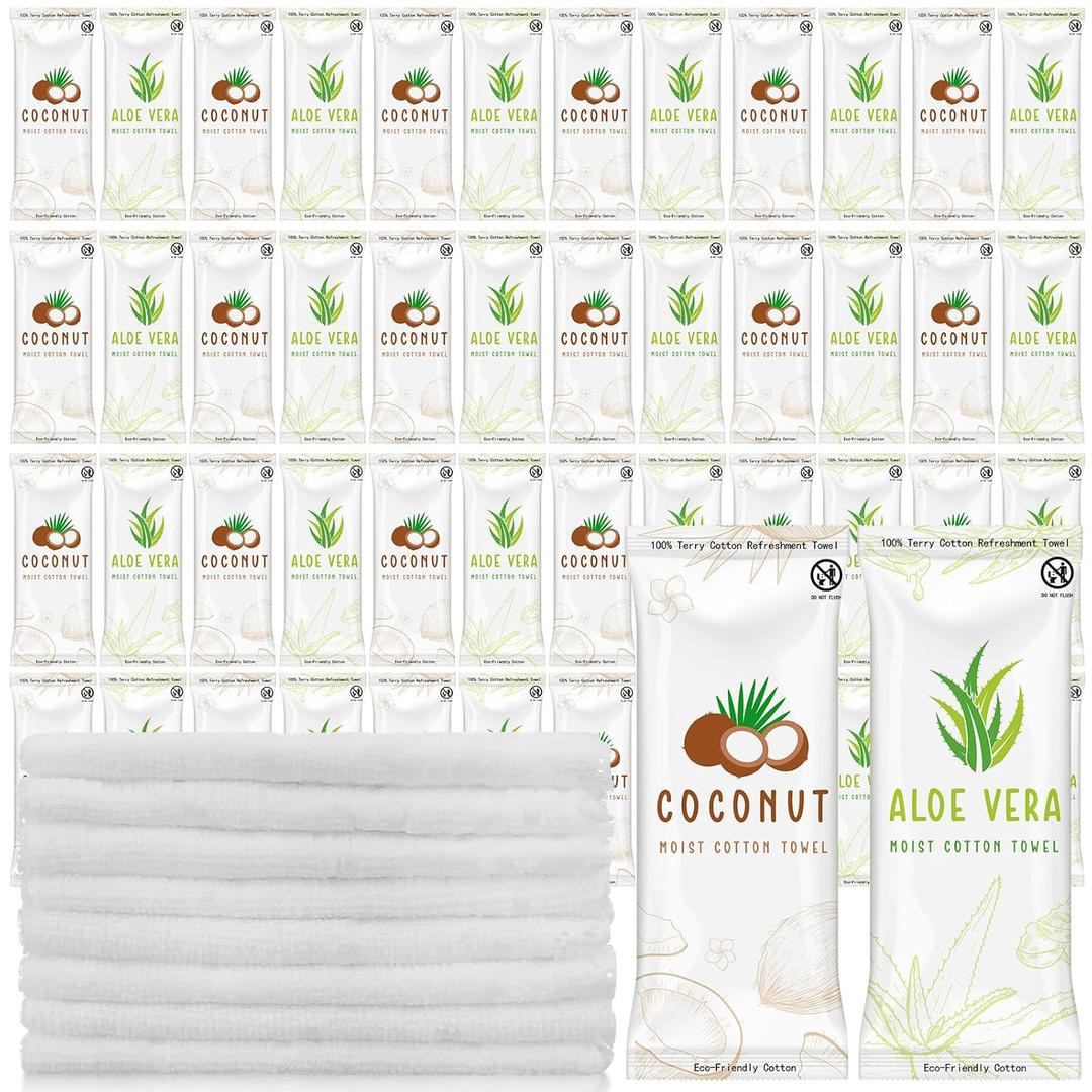 Timgle 50 Pcs Moist Towelettes Individually Wrapped Scented Disposable Face Towels Essential Oil Infused Moist Terry Cotton Towel for Use Hot or Cold Travel Body Spa (Aloe Vera, Coconut)