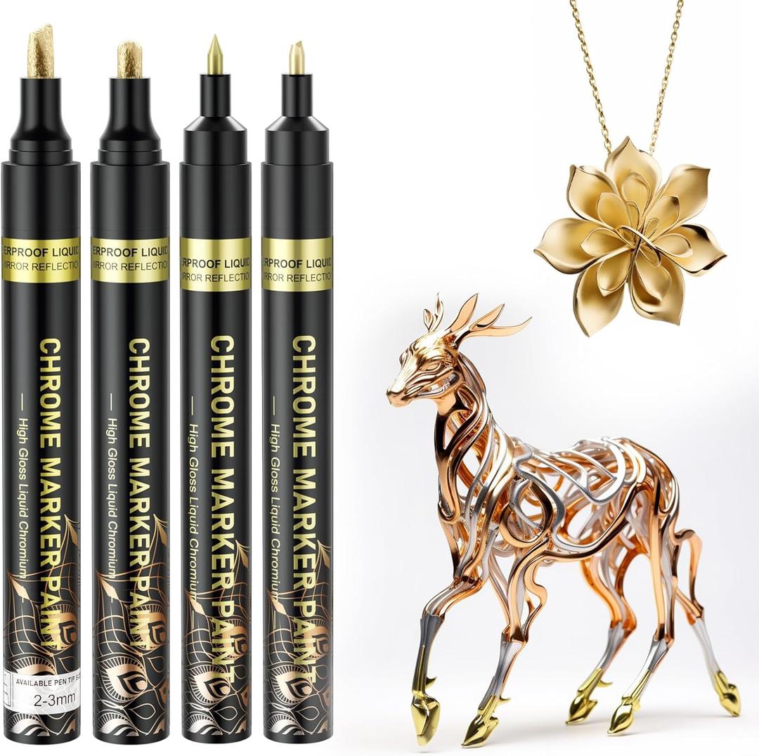 SigWong Metallic Markers, 4Pcs Gold Permanent Chrome Paint, Waterproof and Gloss Chrome Mirror Paint Pens for Model, Repair, Resin, Plastic Painting