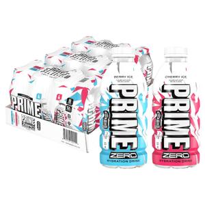 PRIME ZERO BERRY ICE & CHERRY ICE Sugar Free Sports Drinks, Electrolyte Enhanced to Replenish Fluids, B Vitamins, Antioxidants, Low Calorie, Made with Natural Flavors, 12 Fl Oz 24 Pack (EXP 03/01/27)