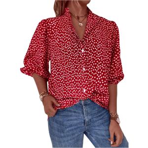 MakeMeChic Women's Ditsy Floral Print Half Sleeve Button Down Shirt Collared Boho Blouse Tops (Medium)