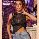 Avidlove Women Camisole Tops Sheer Mock Neck Tank See Through Summer Mesh Shirts Asymmetrical Top Clubwear Silver Star Medium (Black)