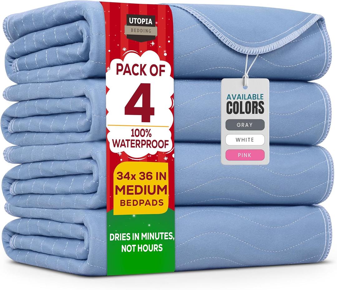 Utopia Bedding Washable Underpads 34" x 36" (Pack of 4), Waterproof Reusable Heavy Absorbency Incontinence Bed Pads for Adults, Kids, Elderly and Pets, Bedwetting Pads for Sofa and Couch (Blue)