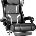 Gaming Chair with Pocket Spring Cushion and Footrest, Ergonomic Computer Chair for Adults, Breathable PU Leather Game Chair, Adjustable Headrest and Lumbar Support Office Desk Chair (White)