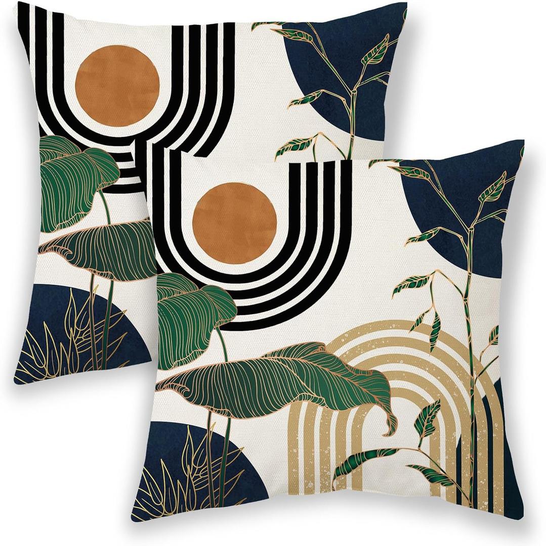 BETGINY Navy Blue Green Boho Pillow Covers 18x18 Inch 2 Pcs,Tropical Leaf Summer Outdoor Decorative Throw Pillows,Mid Century Abstract Farmhouse Decor Pillowcase Linen Cushion Cover for Couch Sofa