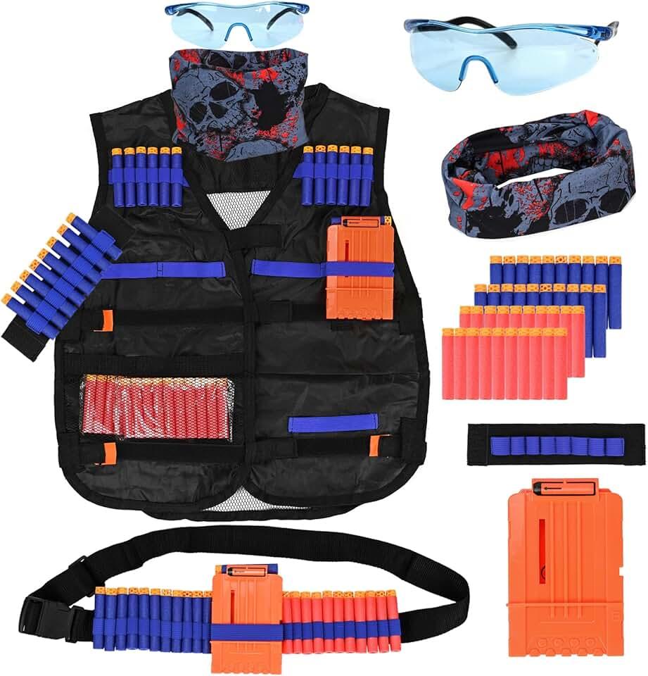 Kids Tactical Vest Kit for NERF Guns with Reload Clips, Refill Darts, Wrist Band, Tactical Mask Protective Glasses and Darts Belts for Boys Girls Birthday Thanksgiving