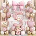 Light Pink 5 Balloon Number, Retro Blush Pink Gold Beige Nude Latex Balloons 5 Year Old Girl Birthday Decorations Bow Heart Foil Balloon with for Girls Boho 5th Birthday Anniversary Party Decoration