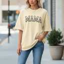 Mama Shirts for Women Oversized Cute Mama Print Graphic Tees Trendy Mom Short Sleeve Tops Beige (Beige, S)