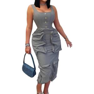 Molisry Women's 2025 Cargo Tank Dresses Sleeveless Boat Neck Zip Up Back Bodycon Midi Dress with Pockets Streetwear Grey (Gray), Small