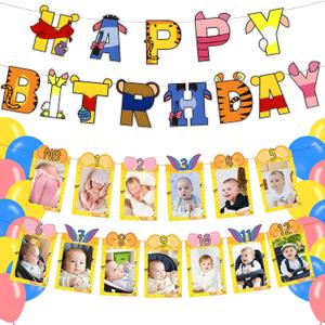 Classic Winniee Baby Shower Birthday Party Decorations, Bear12 Monthly Milestone Photo Banner Baby First Year Down Winnie Bear Theme Banner Party Supplies for Girl Boy Theme Party