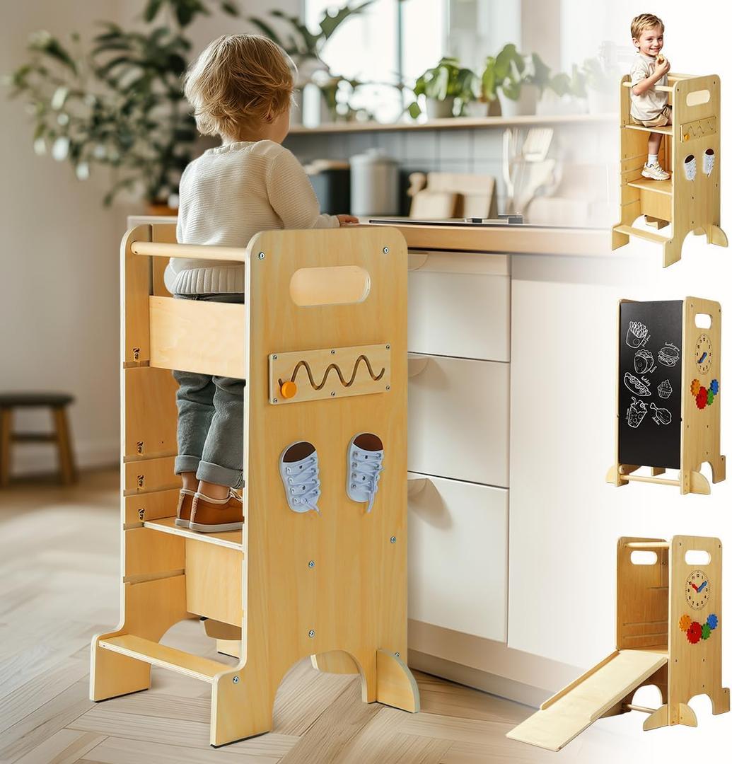 Toddler Tower 4 in 1 Toddler Kitchen Stool Helper Adjustable Standing Tower for Kitchen Counter with Safety Board, Slide, Chalkboard, Montessori Activities