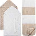 6 Pcs Baby Muslin Hooded Bath Towels and Washcloths, 32 x 32 Inch Cotton Absorbent Blankets for Newborn Infant Shower Gift (White, Beige)